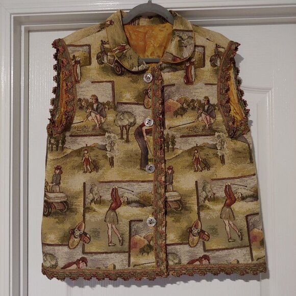 Unbranded Jackets & Blazers - Vtg Woven Tapestry Golf Button Vest Handmade Heritage Folksy Cottage Old Money